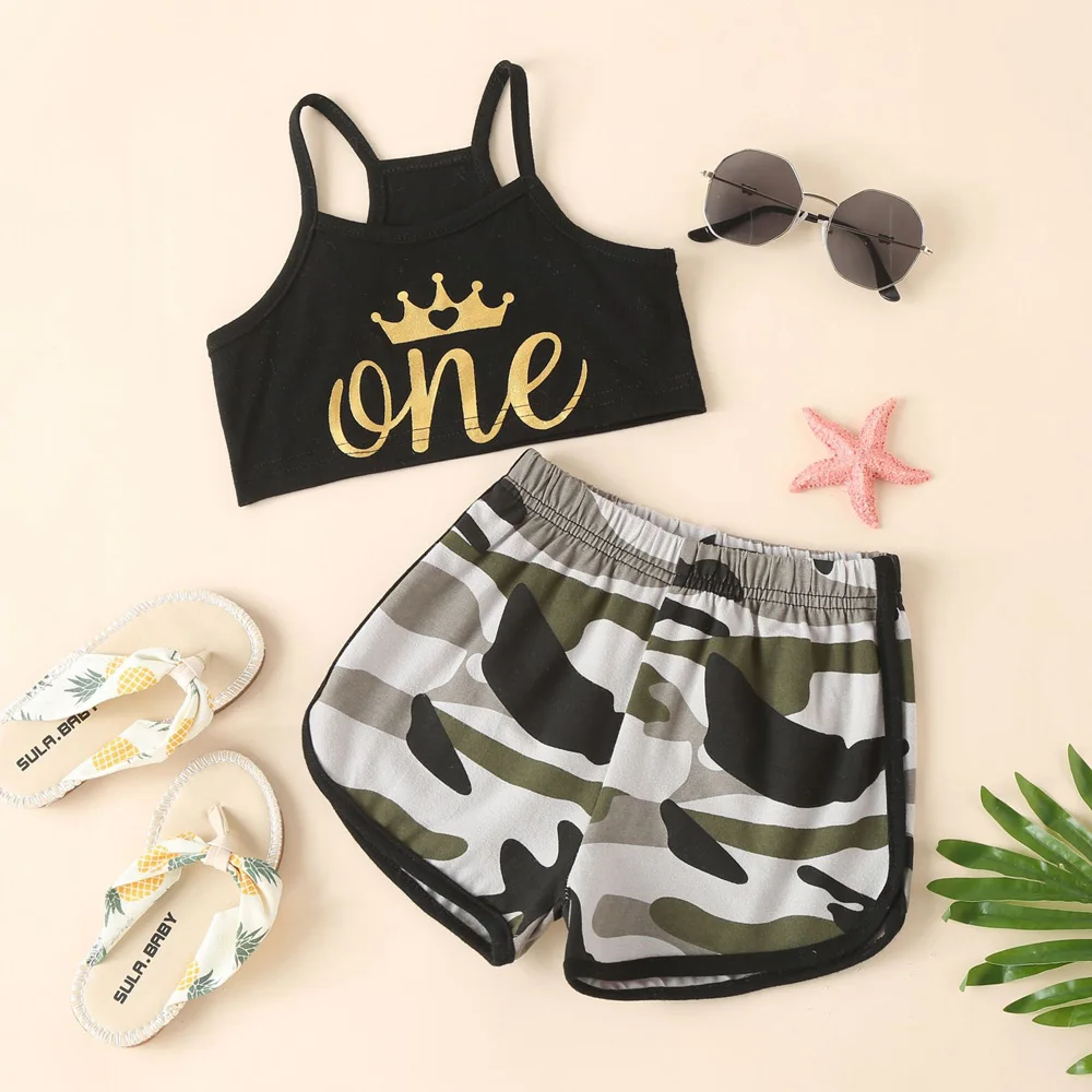 

Toddler Baby sets 2pcs Boy Girl Clothes Sleeveless letter printed short vest camo color shorts Outfits Wholesale, Picture shows