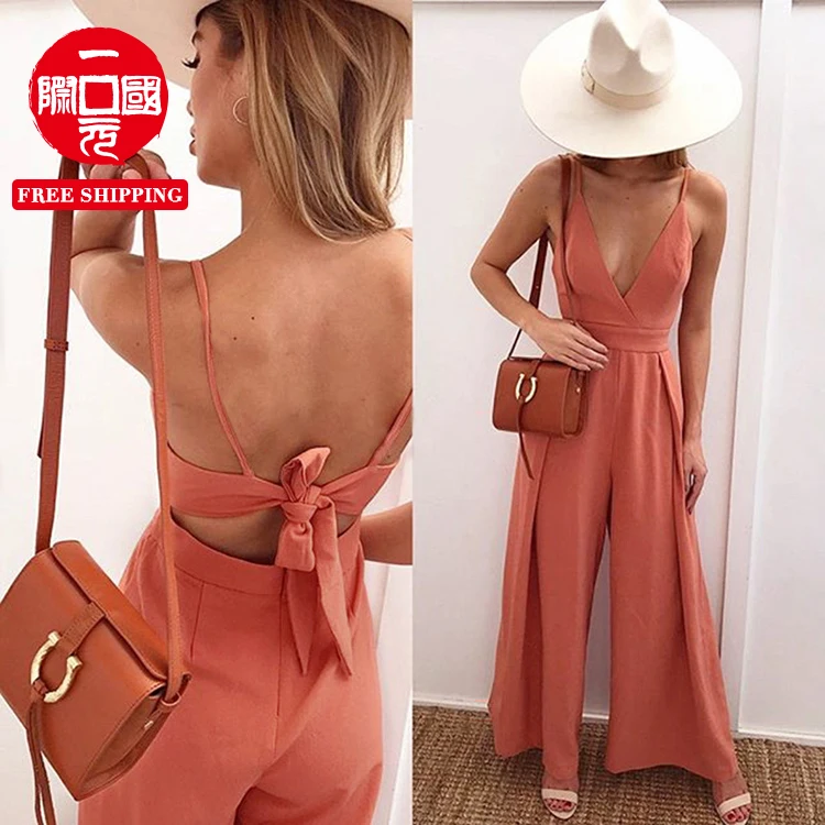 

2021 new European style sexy deep V-neck suspender wide-leg jumpsuit