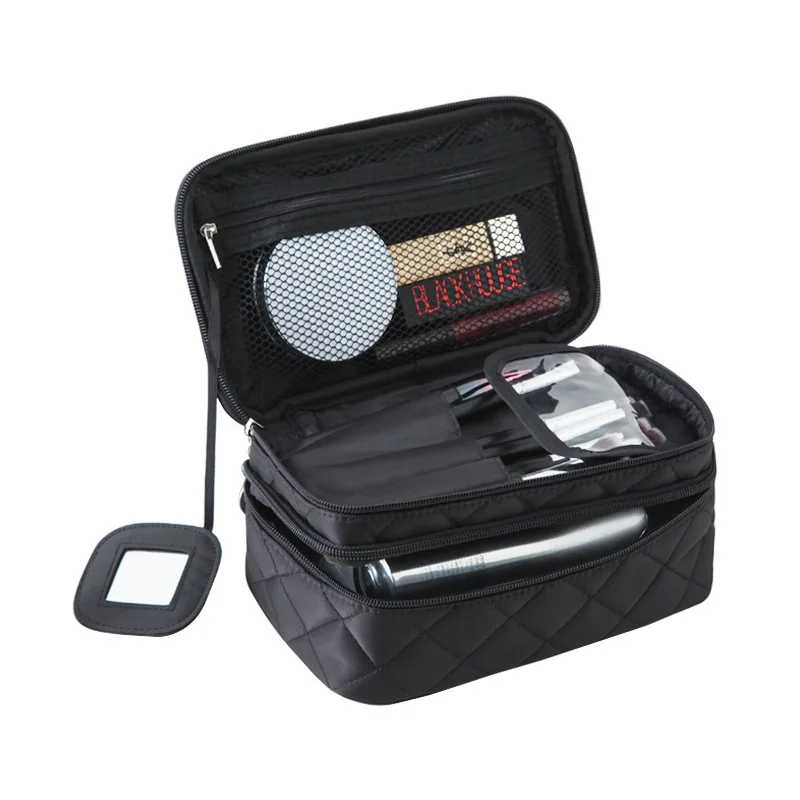 

New Woman Nylon Make Up Bags Cosmetic Case Double Layer Travel Toiletry Wash Bag with Mirror