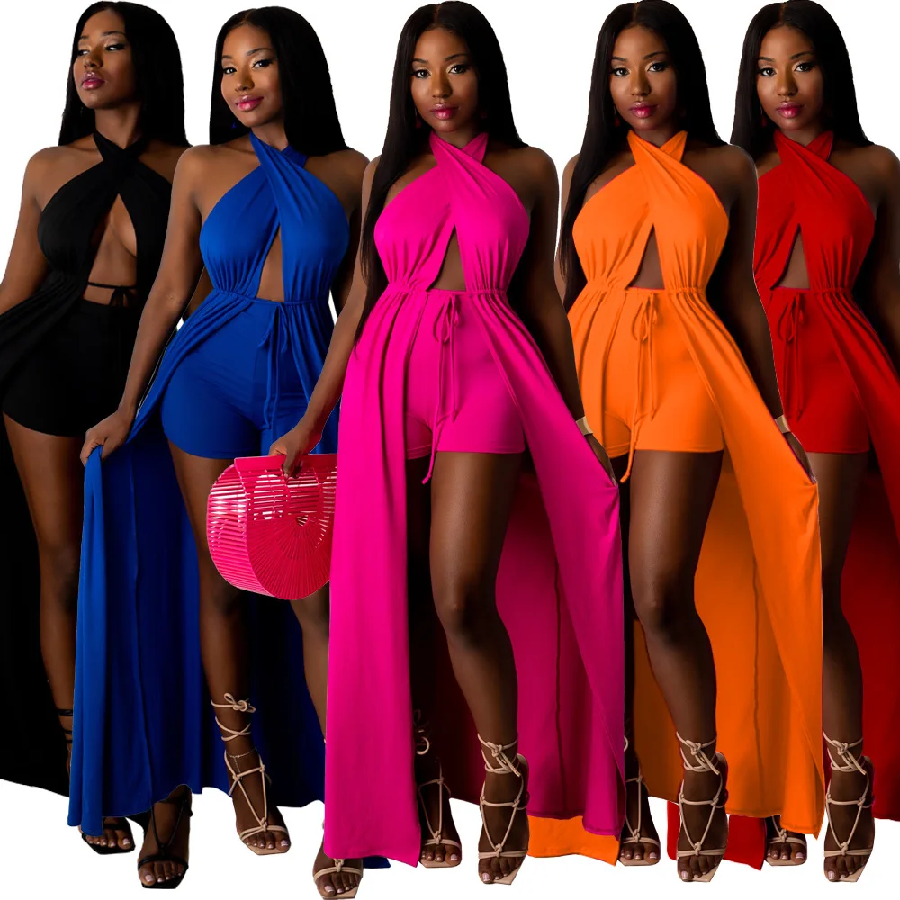 

Birthday outfits for women sexy sets trending summer sets sexy popular model lace-up back sleeveless cloak shorts solid color, Picture