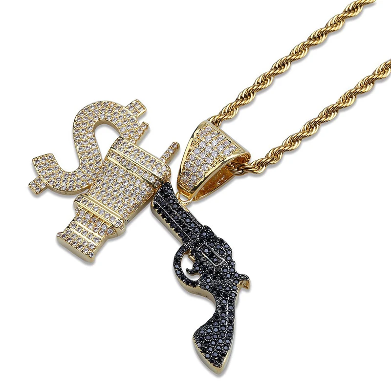 

Bling hip hop micro pave cz plug with uzi gun pendant necklace men