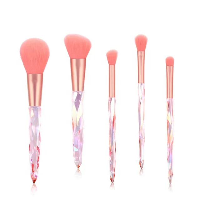 

2021 Hot Selling 5pcs Customized Crystal Makeup Brushes Transparent Diamond Crystal Handle Makeup Brush Set, Pink, blue, purple