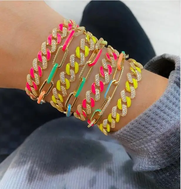 

18k gold plated colorful women jewelry open link chain paper clik chain Neon enamel bracelet, Rose gold