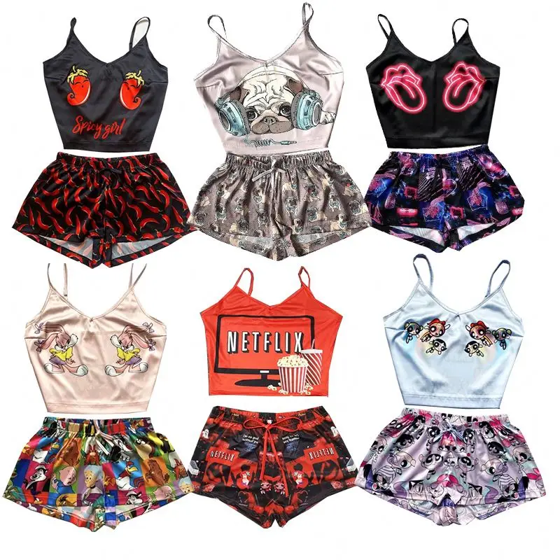 

Netflix and chill suspender nightwear cartoon silk pajamas sets for women