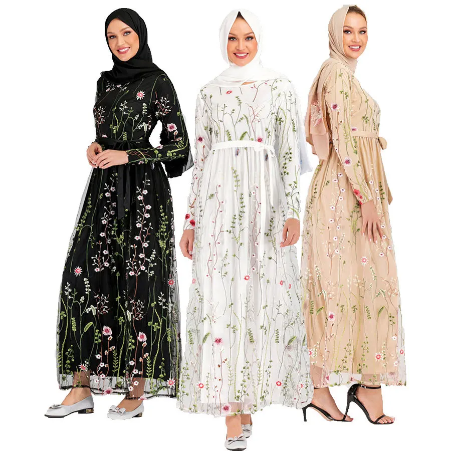 

6241# New Princess Dress Full Embroidery Lace With Elastic Lining Long Women Dresses Fashion Abaya Muslim