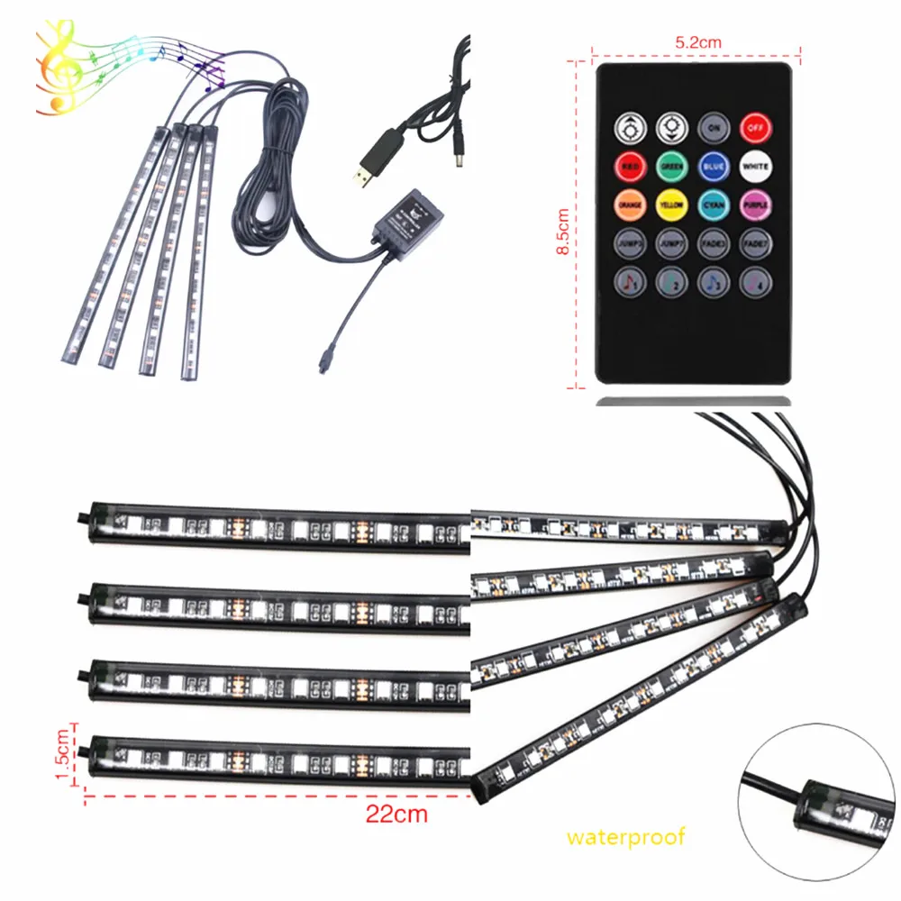 Factory price USB 12 LED/Strip RGB atmosphere led light 48LEDs,Music sensor with Remote, ACE Lighting ACEIL-AL4SUSB-RGB12A