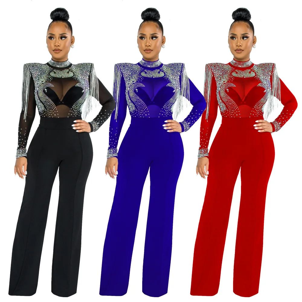 

LvCong Europe and America fashion leisure bodycon straight leg rompers sexy women hot drilling see through tassels jumpsuits