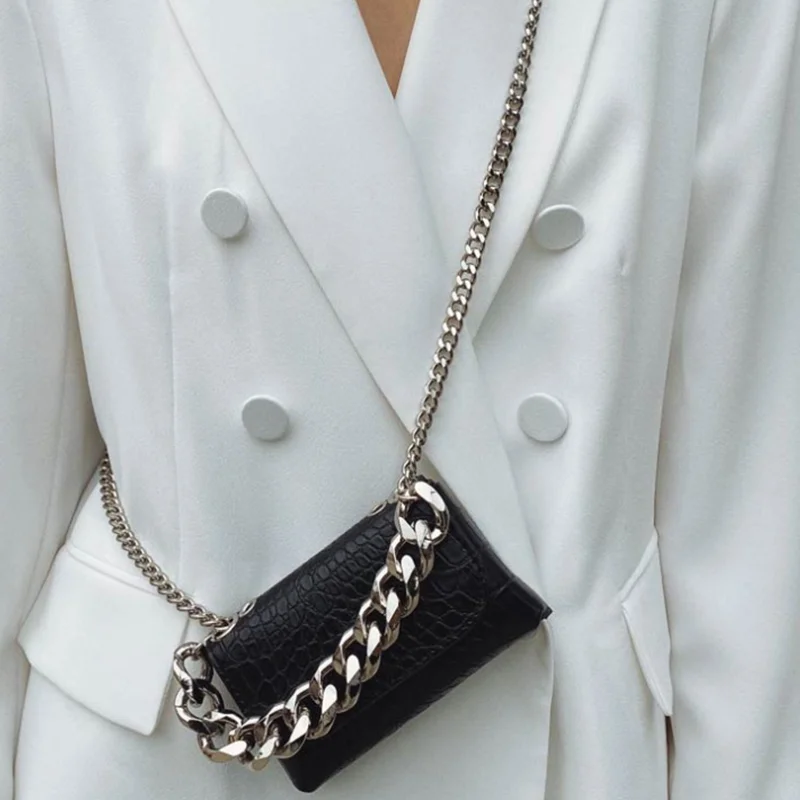 

Ladies Fashion Crocodile PU Mini Purse Handbag Thick Chain Handle Cross-body waist bag