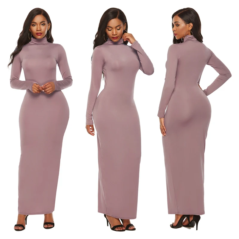 

Wholesale Lady Skinny Sexy Turtleneck Solid Color Dresses Long Sleeve Maxi Dress For Women, Shown