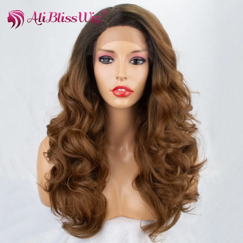 

Aliblisswig Natural Looking Free Parting Wigs Long Body Wave Style Ombre Brown Cheap Synthetic Lace Front Wigs For Women