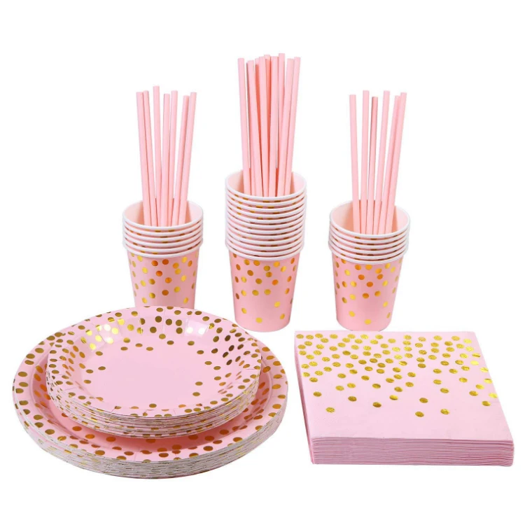 
125 pieces biodegradable rose gold paper cup tray straw napkin birthday party wedding supplies disposable paper tableware set 
