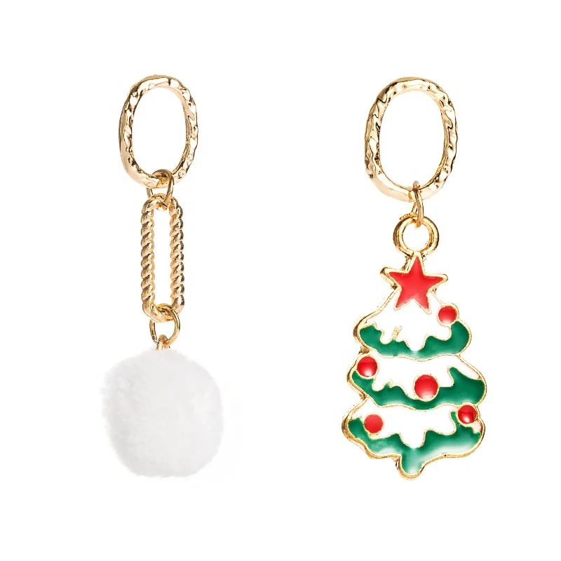 

Christmas Fashion Series Earrings Trend Asymmetrical Design Pentagram Pendant Plush Snowball Hair Ball Ear drop Xmas Ornament