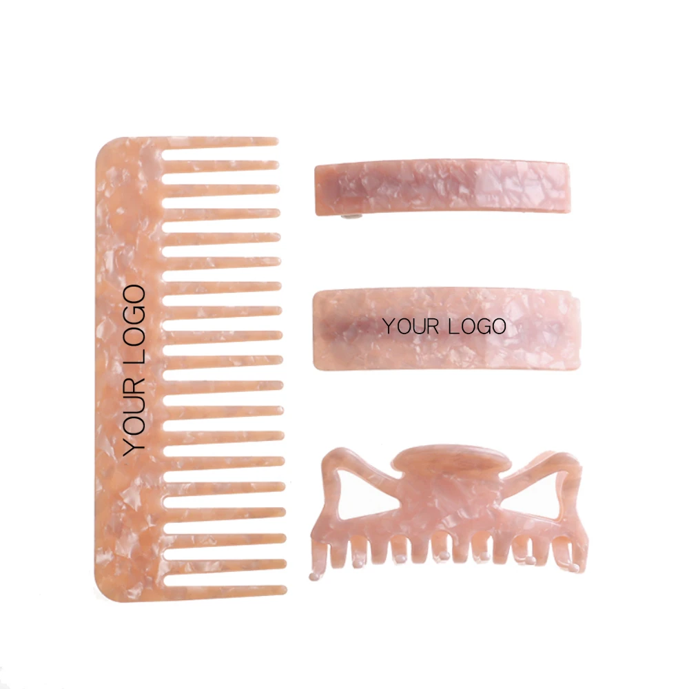 

pink Tortoiseshell acetate barrettes hair claws wide tooth comb set with private label custom logo