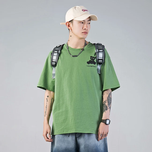 

2021new design men's Glazing bear short sleeve reflective print cut and sew plain T-shirt