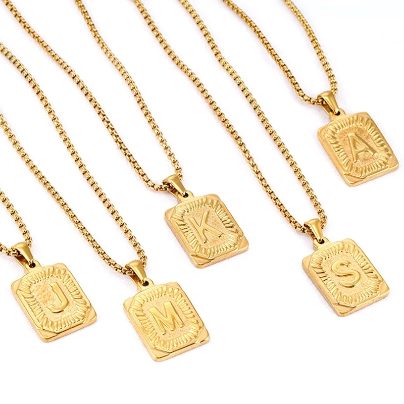 

18K Gold Square Letter Pendant Necklace Stainless Steel A-Z Alphabet Initial Necklace