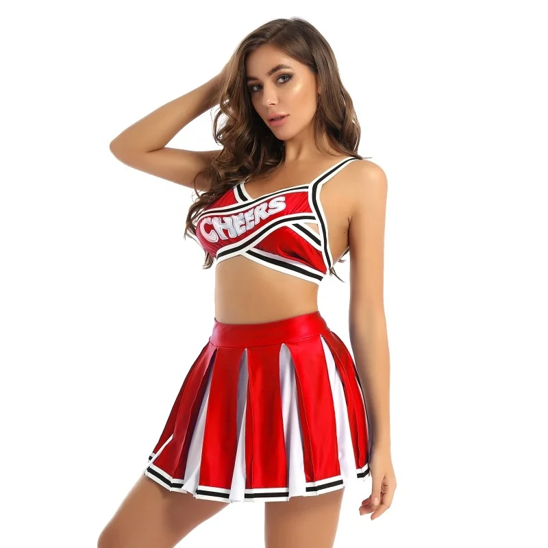 

2Pcs Women Adults Sleeveless Elastic Striped Shoulder Straps Back Cross Top with High Waist Pleated Skirt Cheerleader Costu