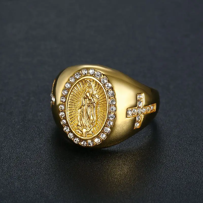 

New Selling Hip Hop Titanium Steel Ring Jewelry Gold Plated Diamond Catholic Virgin Mary Men's Faith Ring