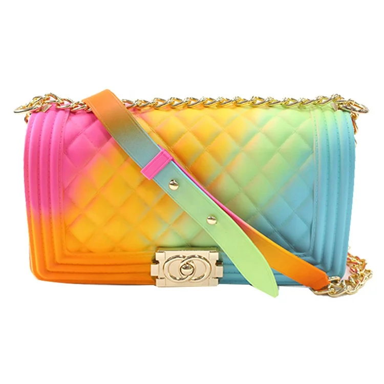 

2020 fashion handbags new rhomboid shoulder chain bag colorful frosted diagonal rainbow jelly bag