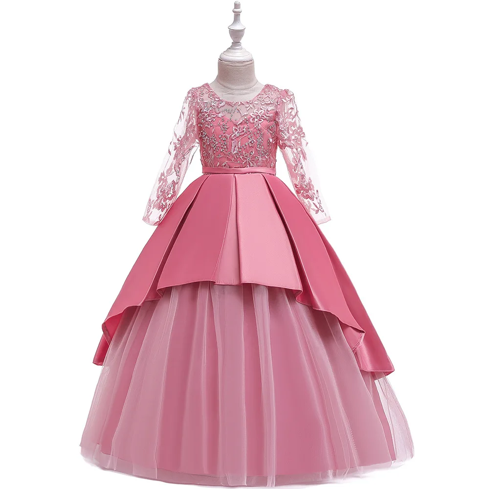 

120-170cm 5 Color Elegant Baby Girls Party Dress Long Sleeve Lace Tulle Kids Dresses Flower Long Evening Dress For Wedding