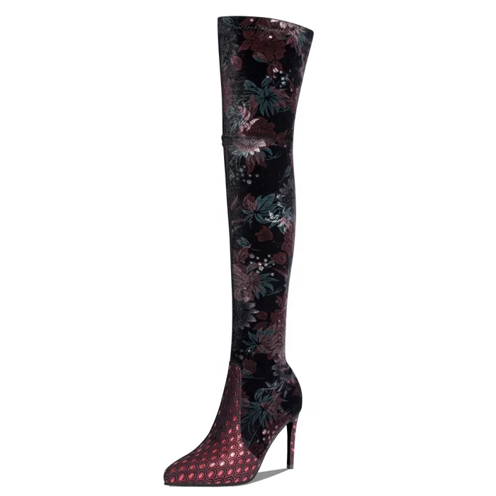 

Sexy Women Stretch Soft Suede High Heel Thigh High Boots Pull on Flower Print Over The Knee High Boots Super Long Boots Women, Blue winered