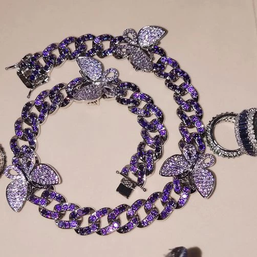 

Best selling 16 inch purple diamond cuban link butterfly necklace