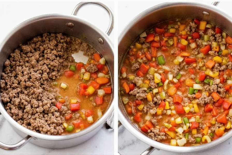 Step-by-step preparation of unstuffed bell pepper soup showing ground beef browning with diced bell peppers and onions in stainless steel pot