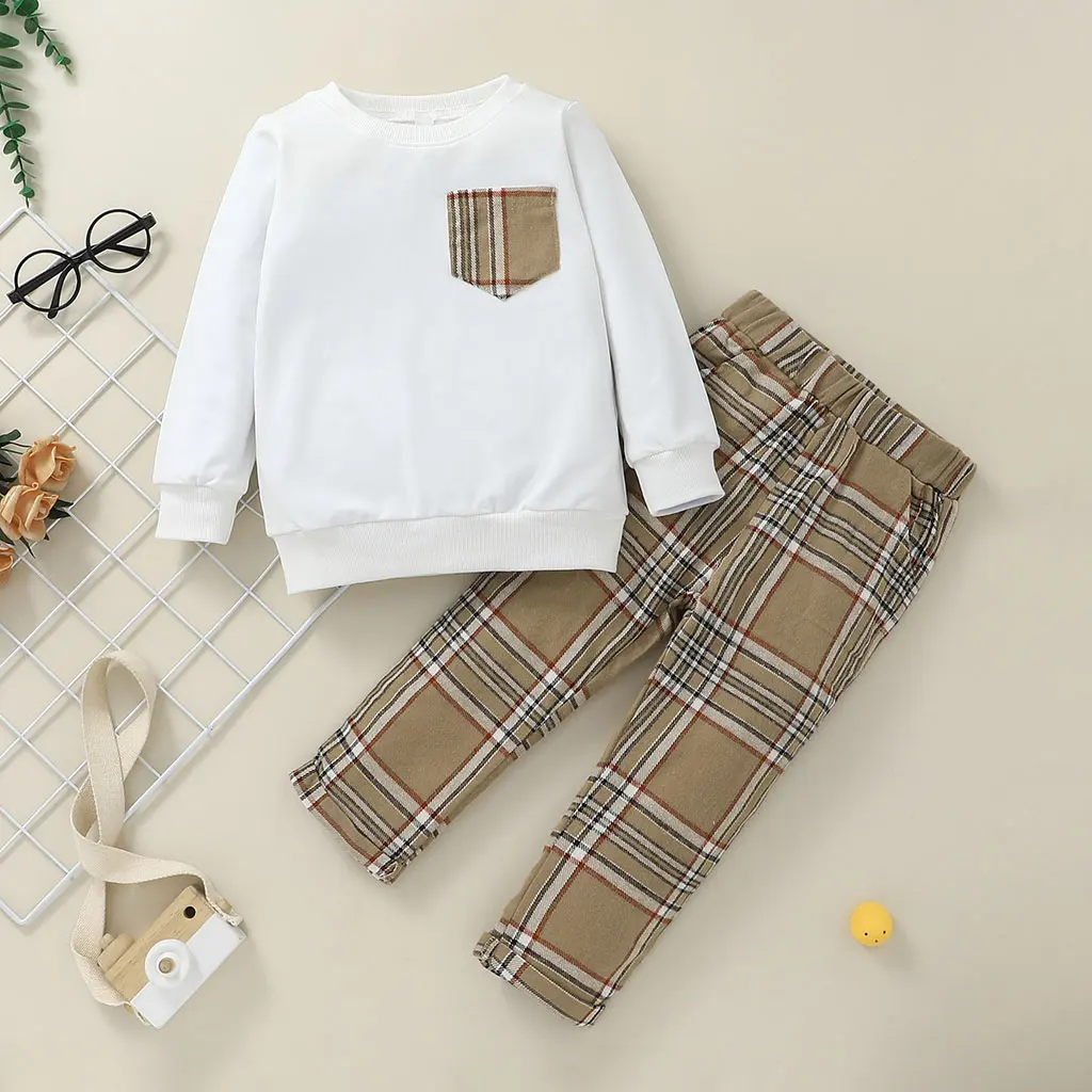 

RTS England Gentleman Style Full Sleeve Simple White Shirt Plaid Pattern Regular Length Matching Pants Children Boy Clothing Set