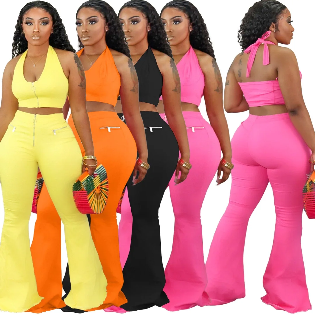 

2021 Women Flare Wide Leg Pants Sets Two Piece Set Sexy Clothing Biker Short Bell Bottom Pants Trousers 2 Piece Sets