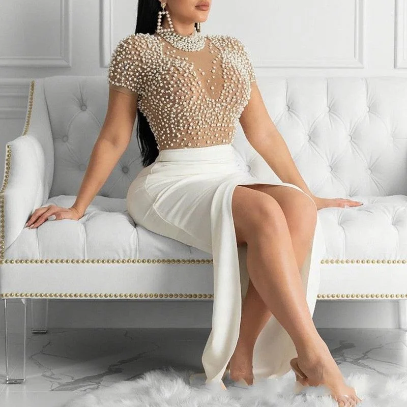 

Latest Mesh Transparent Pearl Elegant Lady Dresses Solid Bodycon Women Dresses, Black/ white