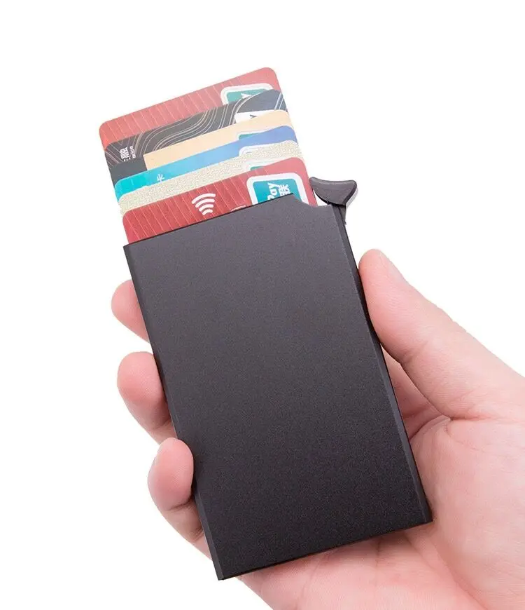 

Hot selling newest type 6colors diy logo automatic top pop up slim aluminum mens rfid credit card holder, Red/black/white/blue/silver/grey