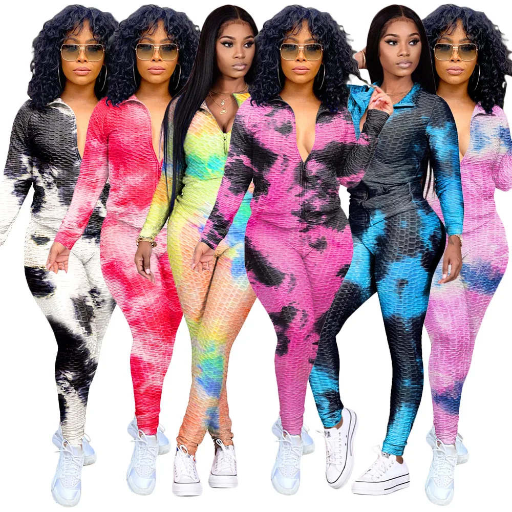 

FREE SAMPLE JHTH 2021 new product ink jacquard tie-dye stand-up collar zipper sweater two-piece bubble yoga pants suit