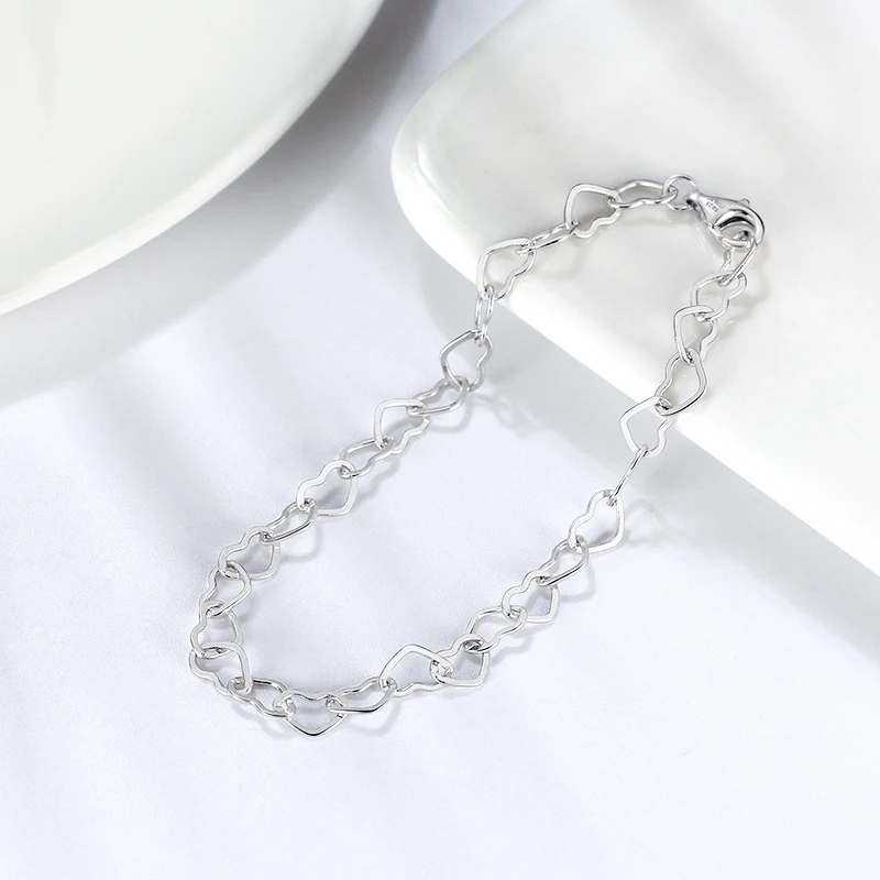 RINNTIN SB99 Wholesale Rhodium Plated 925 Sterling Silver 5mm Heart Bracelet Rolo Love Hearts Link Chain Bangles Woman