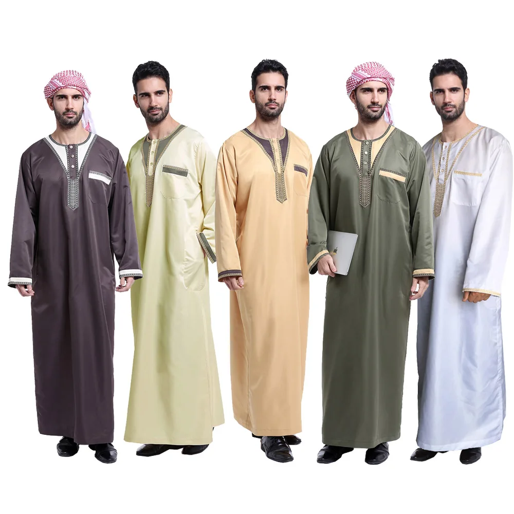 

HJ EMMR06 2021 Sleeve Muslim Arab Men Thawb Caftan Islamic Men Clothes Moroccan Thobe, White, army green, brown, beige, light yellow