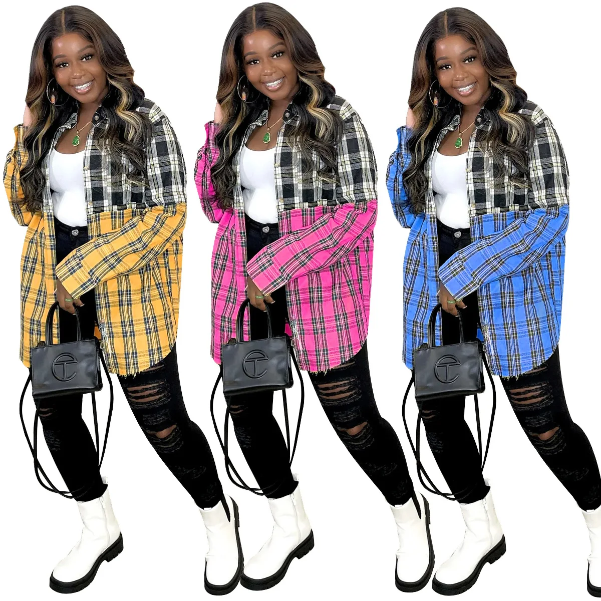 

Skirt Dress Women 2021 Plaid Patchwork Long Sleeve Dresses