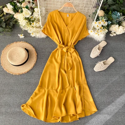 

2020 French style women fashion short sleeve Irregular long dress