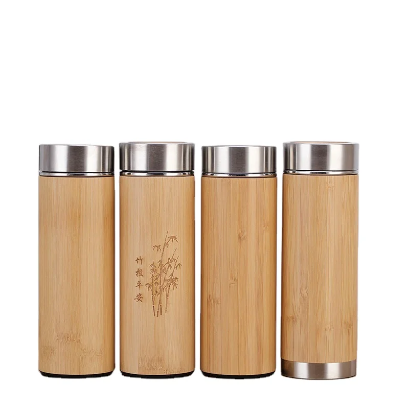 

2020 New Trendy 100% Natural bamboo shell stainless steel water bottle vacuum flask coffee cup custom printing coffee cup