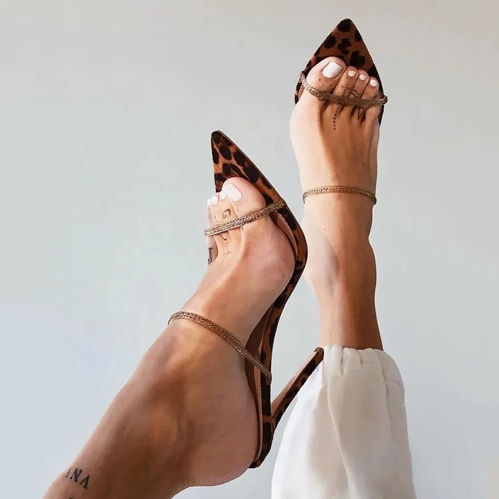 

Leopard Print Crystal Ornament Thin High Heel Women Sandals Pointed Toe Slip-on Summer Slides Shoes For Ladies Big Size 43 Pumps