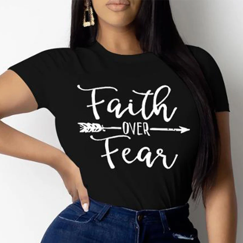 

2021 Summer Hot Sale Print Faith Over Feaq Crew Neck Crop Tops T-Shirts Women