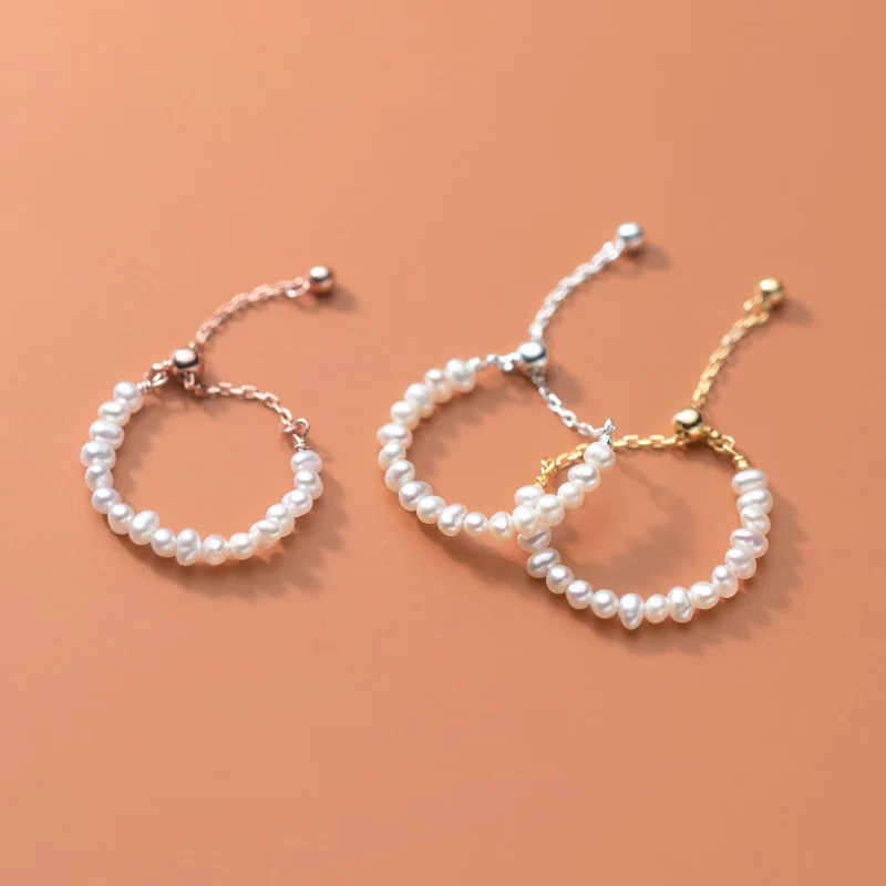 

fashion jewelry 925 sterling silver pearl ring real natural small pearls gold plated bead ball adjustable rings for women