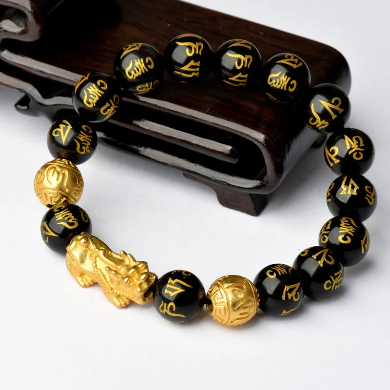 

Feng shui black obsidian bracelet EMF protection jewelry energy bracelet feng shui carved gemstone bracelet, Gold/silver/rose gold