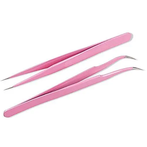 

Onwon 2 Pcs Pink Stainless Steel Tweezers for Eyelash Extensions, Straight and Curved Tip Tweezers Nippers, False Lash Applicati