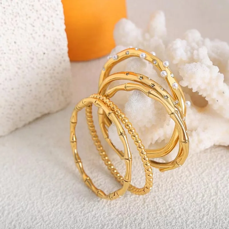 

Fashion Bangle Opening Bangle 18K Gold Women Jewelry Gold Plated Waterproof CZ Star Bamboo Pearl Cuff Bangle