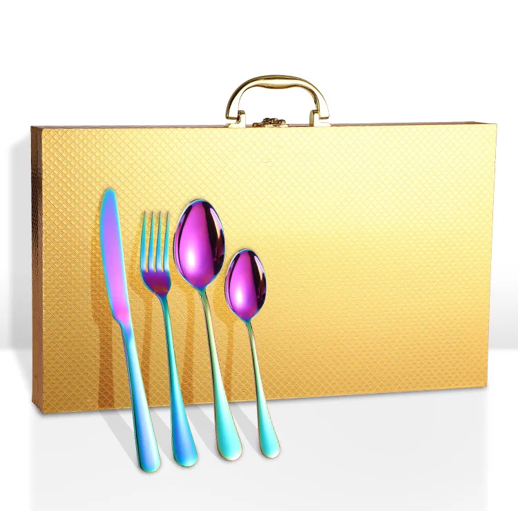
Luxury PVD coating rainbow cutlery wooden box stainless steel colorful flatware set 