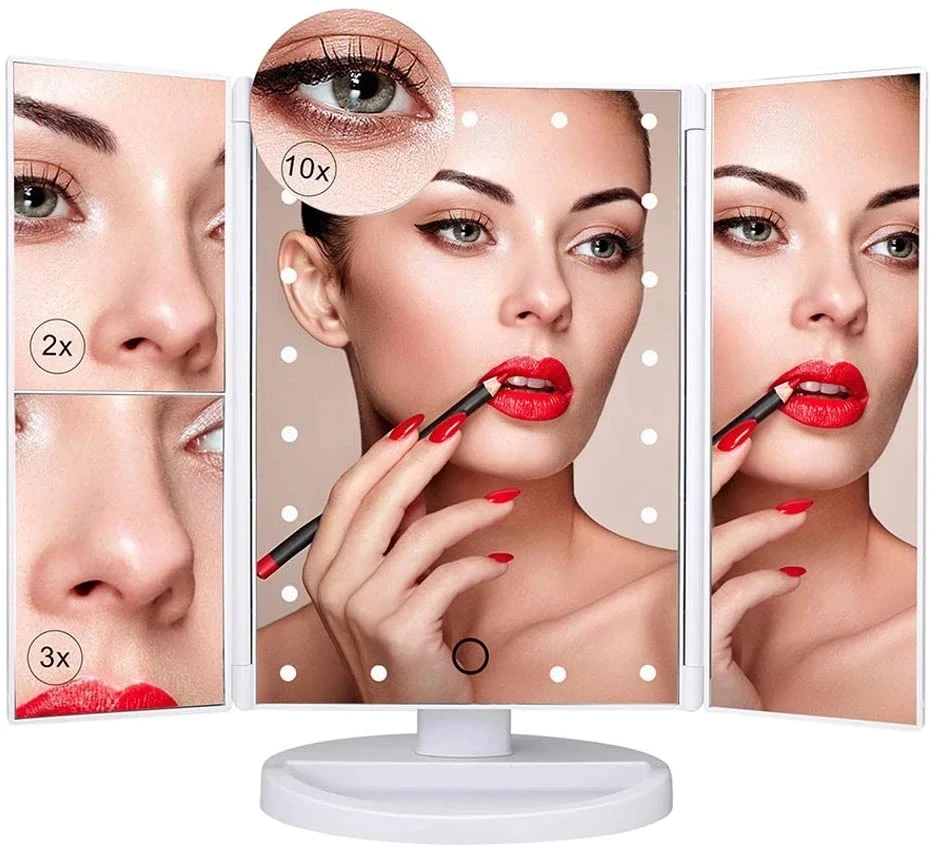 

2022 New Arrival Amazon Hotsale Item USB Charge Led Lights Vanity Trifold Magnification 3X 2X 1X Makeup Mirrors, White/black/rose pink/silver/or custom