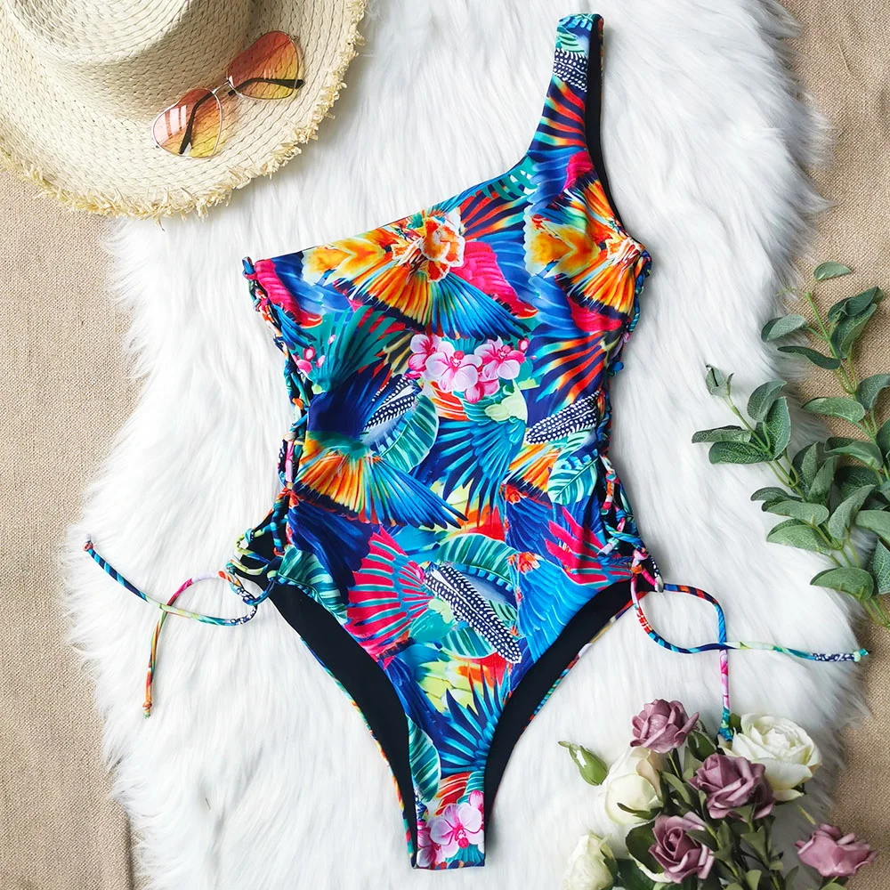 

One Piece Swimsuit 2020 Sexy Swimwear Women Bodysuit Push Up Bathing Suits Beachwear Lace Up One-Shoulder Sexy Girl Flora Print