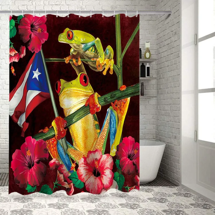 

Home Funny Frogs and Spring Floral Shower Curtains, Puerto Rico Flag Polyester Fabric Waterproof Bath Curtain Set with Hooks/