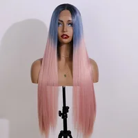 

Blue Ombre Pink Lace Wigs for Women Synthetic Lace Front Wig Long Straight Cosplay Halloween Party Wig 26 inches