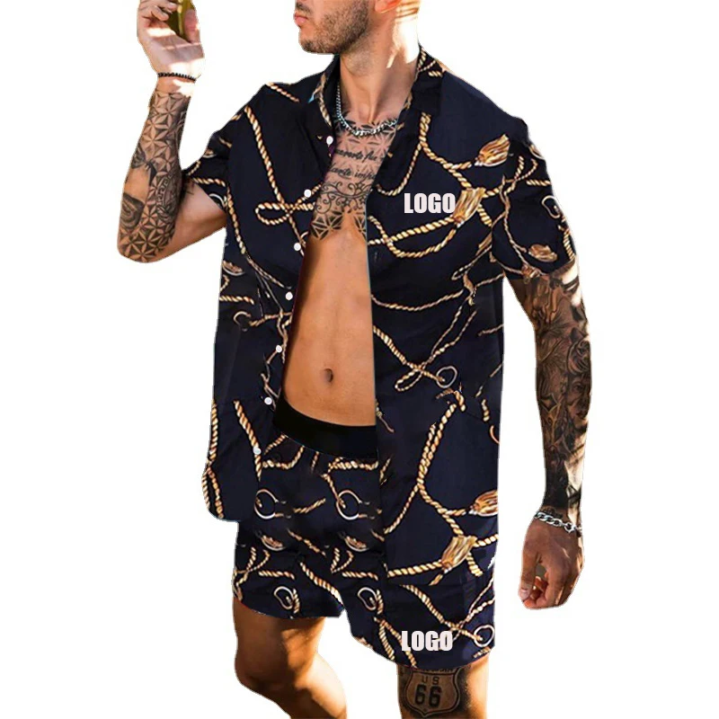 

Free shipping New Summer beach shirt for men loose shirt Hawaiian men's shirts short two piece set, Customized color