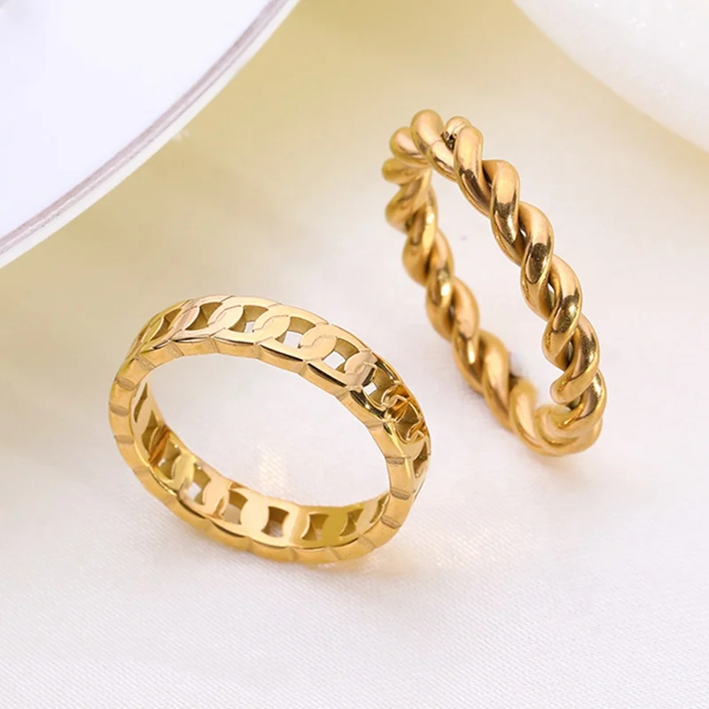 Gold Twist Rope Rings Titanium Steel Metal 18K Plated Gold Stainless Steel Dongguan Women's CLASSIC Round 6 7 8 1pcs/opp Bag 304