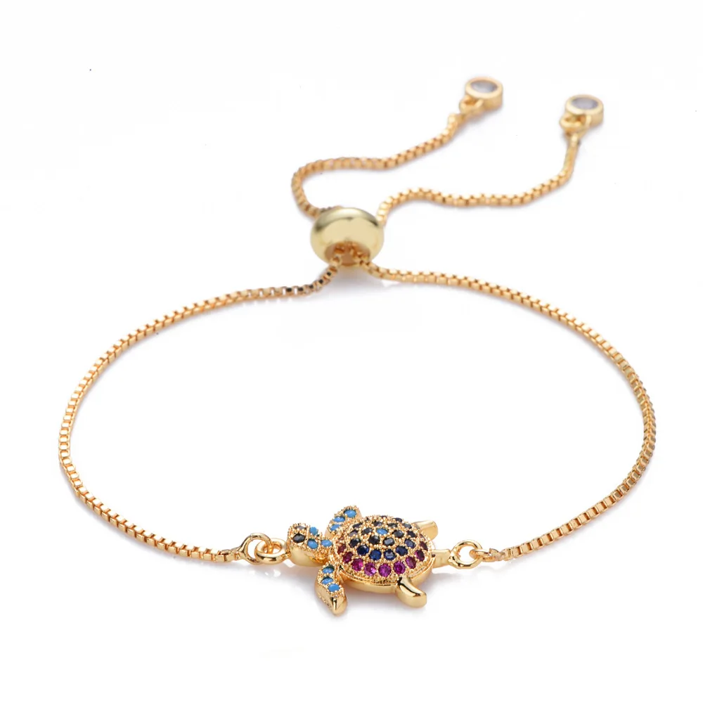 

New Summer Adjustable Chain Bracelet Jewelry Colorful Rainbow Rhinestone Sea Turtle Pendant Bracelets, As shown